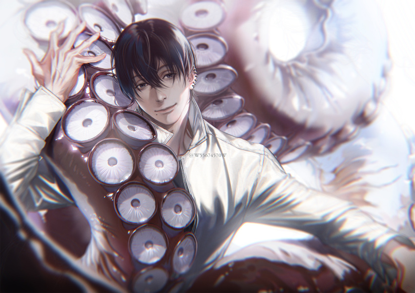1boy artist_name black_eyes black_hair black_shirt chainsaw_man closed_mouth collared_jacket ear_piercing hair_between_eyes hand_up highres jacket long_sleeves looking_at_viewer male_focus mole mole_under_mouth piercing shirt short_hair simple_background smile suction_cups tentacles twitter_username w55674570w white_background white_jacket yoshida_hirofumi