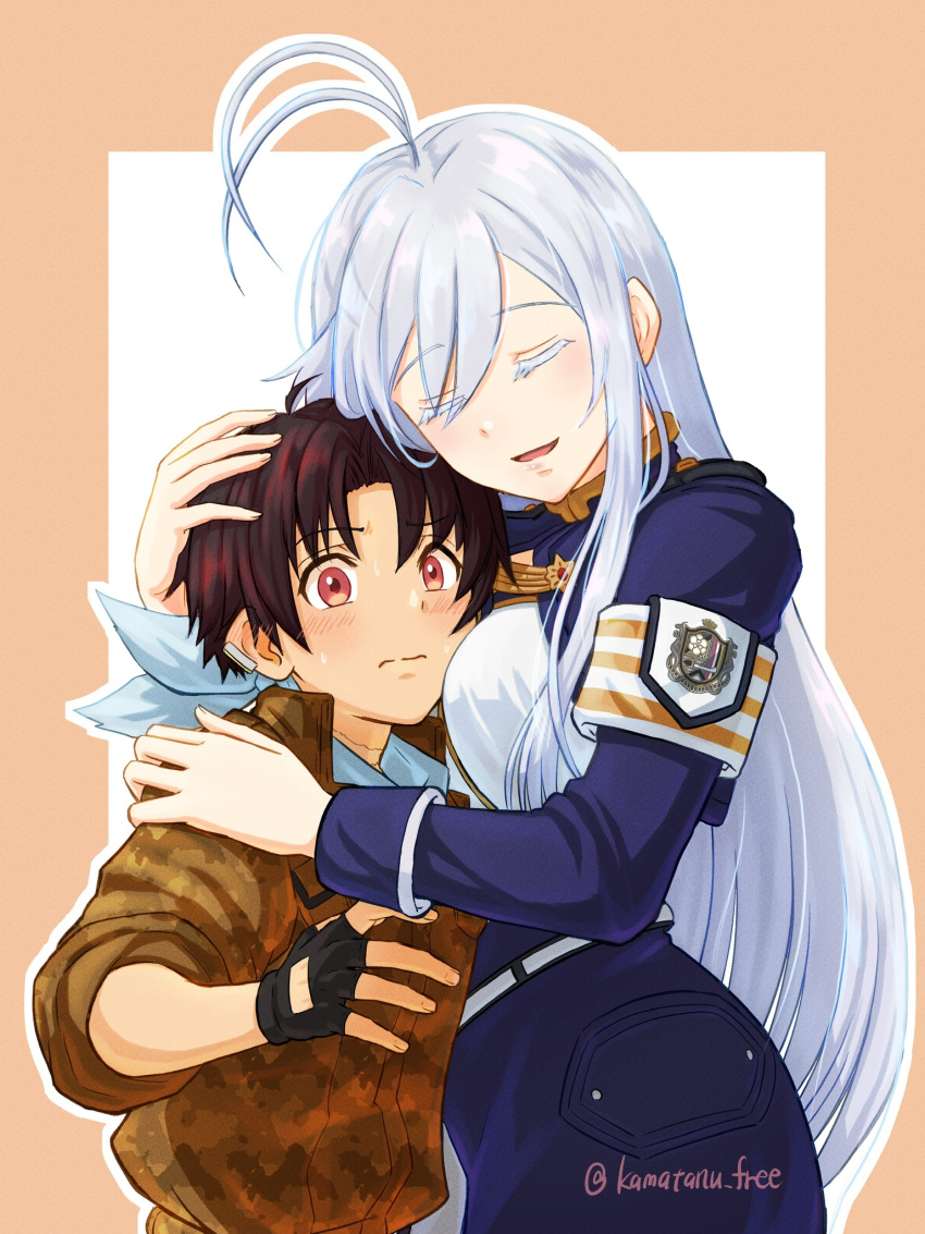 1boy 1girl 86_-eightysix- age_difference aged_down antenna_hair armband black_gloves blue_skirt blush border breast_press breasts brown_border brown_hair brown_jacket closed_mouth colored_eyelashes couple embarrassed fingerless_gloves gloves grey_hair hair_between_eyes height_difference hetero highres hug jacket kamatanu_free long_hair long_sleeves medium_breasts military_uniform open_mouth outline red_eyes shinei_nouzen shirt short_hair shrug_(clothing) skirt twitter_username uniform very_long_hair vladilena_millize white_background white_outline white_shirt