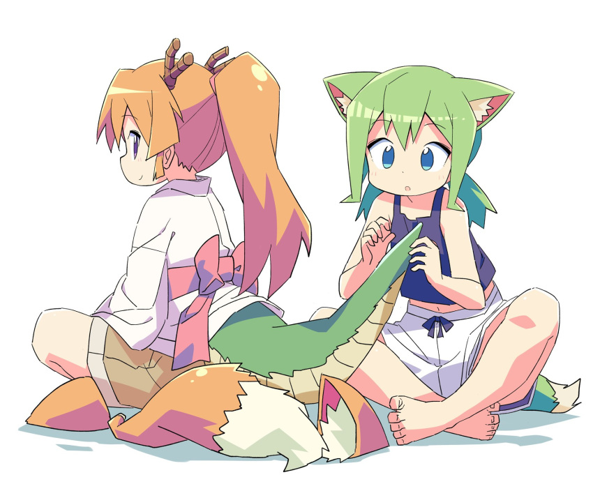 2girls :o animal_ears barefoot blonde_hair blue_eyes cat_ears cat_tail dragon_girl dragon_horns dragon_tail fake_animal_ears fake_animal_ears_removed fake_tail feet green_hair highres horns japanese_clothes low_twintails multiple_girls original purple_eyes roku_no_hito sash shorts simple_background sitting smile tail tank_top toes twintails white_background white_shorts