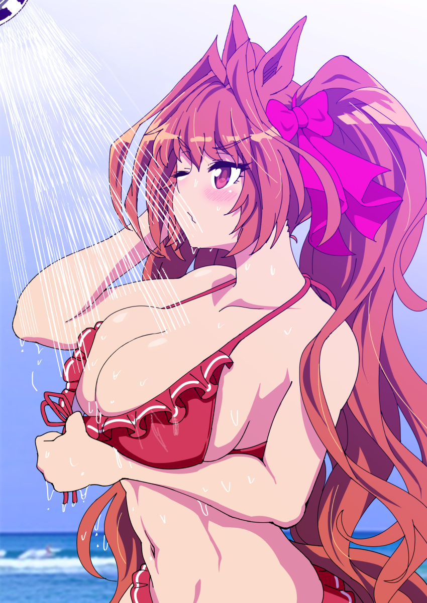 1girl adjusting_clothes adjusting_swimsuit animal_ears antenna_hair bikini blue_sky bow bowtie breasts brown_hair closed_mouth commentary daiwa_scarlet_(umamusume) day frilled_bikini frills front-tie_bikini_top front-tie_top frown hair_bow hair_intakes hand_in_own_hair highres horizon horse_ears horse_girl horse_tail large_breasts long_hair looking_to_the_side mamiyama navel ocean one_eye_closed outdoors purple_bow purple_bowtie red_bikini red_eyes showering sky solo standing swimsuit tail twintails umamusume wet
