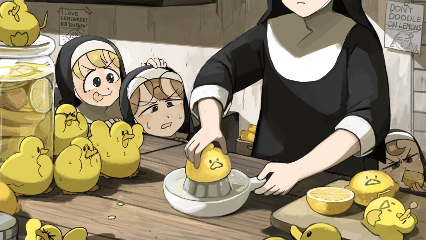 4girls :p bird blonde_hair blue_eyes brown_eyes brown_hair chicken clumsy_nun_(diva) diva_(hyxpk) duck duckling eating english_commentary eyewear_on_head food froggy_nun_(diva) fruit glasses glasses_nun_(diva) habit highres lemon little_nuns_(diva) multiple_girls nervous_sweating nose_bubble nun round_eyewear star_nun_(diva) sweat tongue tongue_out traditional_nun