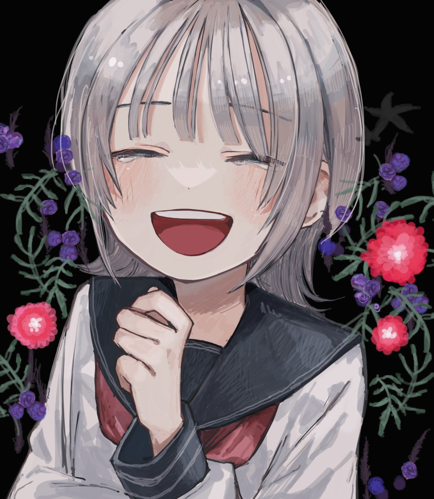 1girl :d black_background black_sailor_collar blush choppy_bangs closed_eyes dot_nose facing_viewer flower grey_hair hand_up highres long_bangs long_sleeves medium_hair neckerchief open_mouth original red_flower red_neckerchief sailor_collar school_uniform shirt sidelocks simple_background sleeve_cuffs smile solo tearing_up teeth uo_yuo upper_body upper_teeth_only white_shirt wolf_cut