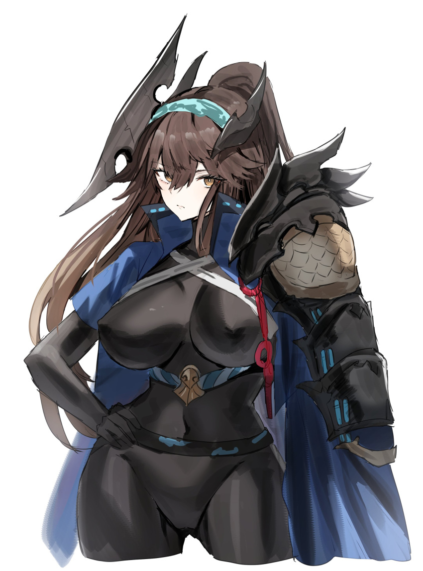 1girl absurdres armor asymmetrical_horns black_bodysuit black_horns blue_cape bodysuit breasts brown_eyes brown_hair cape character_request closed_mouth commentary_request copyright_request covered_navel cowboy_shot hair_between_eyes hand_on_own_hip highres horn/wood horns large_breasts long_hair looking_at_viewer ponytail shoulder_armor simple_background solo white_background