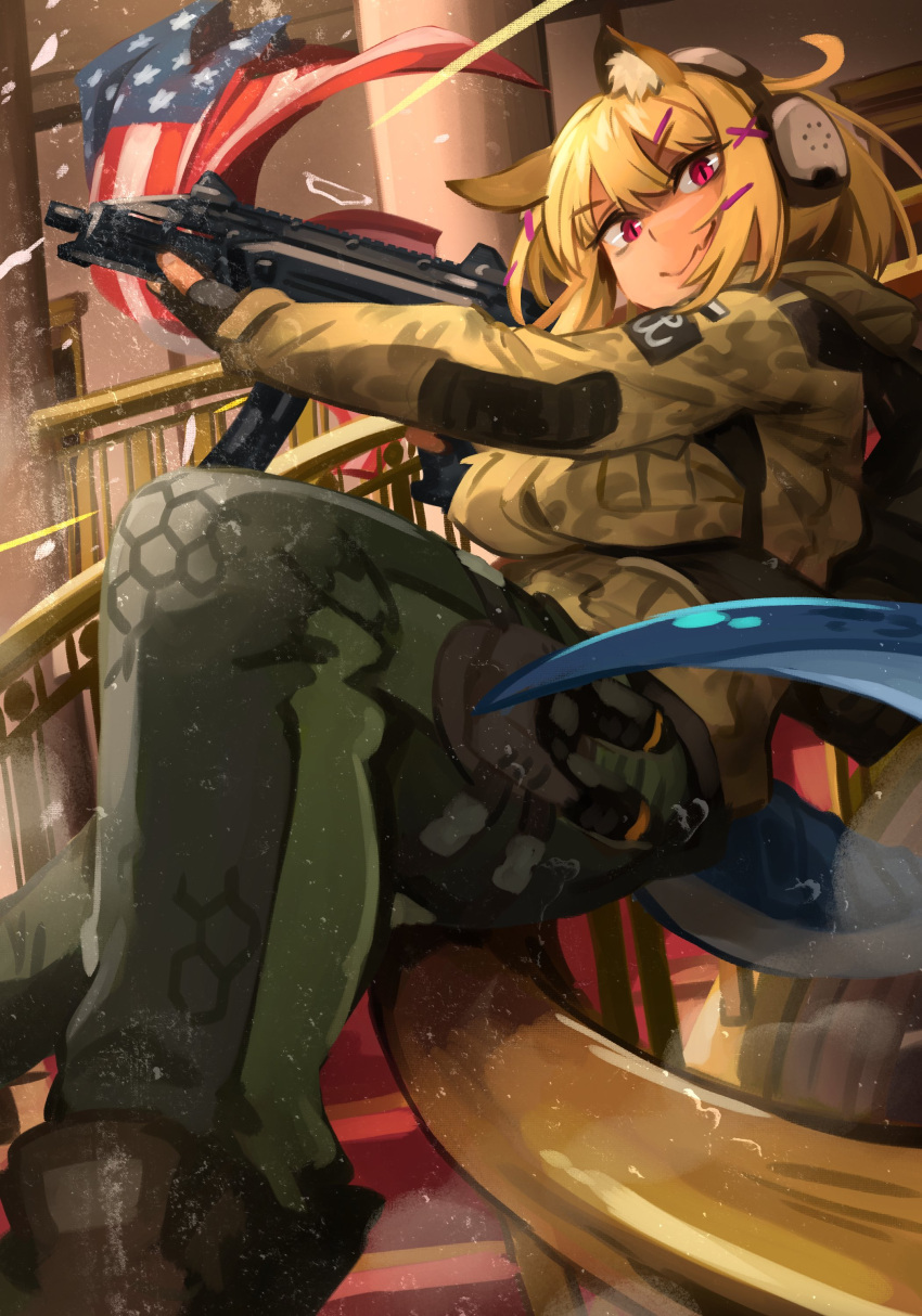 1girl absurdres american_flag animal_ears arknights blonde_hair camouflage camouflage_jacket commission cz_scorpion_evo_3 ela_(rainbow_six_siege) green_pants headgear highres jacket khyle. long_hair looking_at_viewer pants polish_flag rainbow_six_siege red_eyes sliding smile solo utage_(arknights)