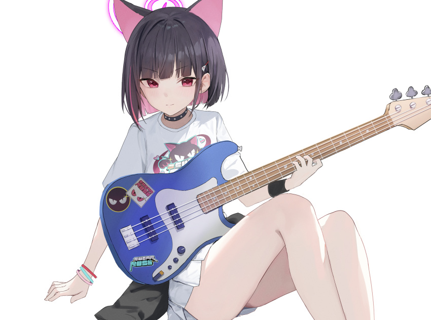 1girl animal_ears bass_guitar black_choker black_hair blue_archive blunt_bangs cat_ears choker closed_mouth commentary extra_ears feet_out_of_frame hair_ornament hairclip halo highres holding holding_instrument instrument kazusa_(band)_(blue_archive) kazusa_(blue_archive) legs lizard0221 looking_at_viewer multicolored_hair official_alternate_costume pink_hair pink_halo shirt short_hair short_sleeves simple_background sitting skirt solo streaked_hair thighs white_background white_shirt white_skirt wristband