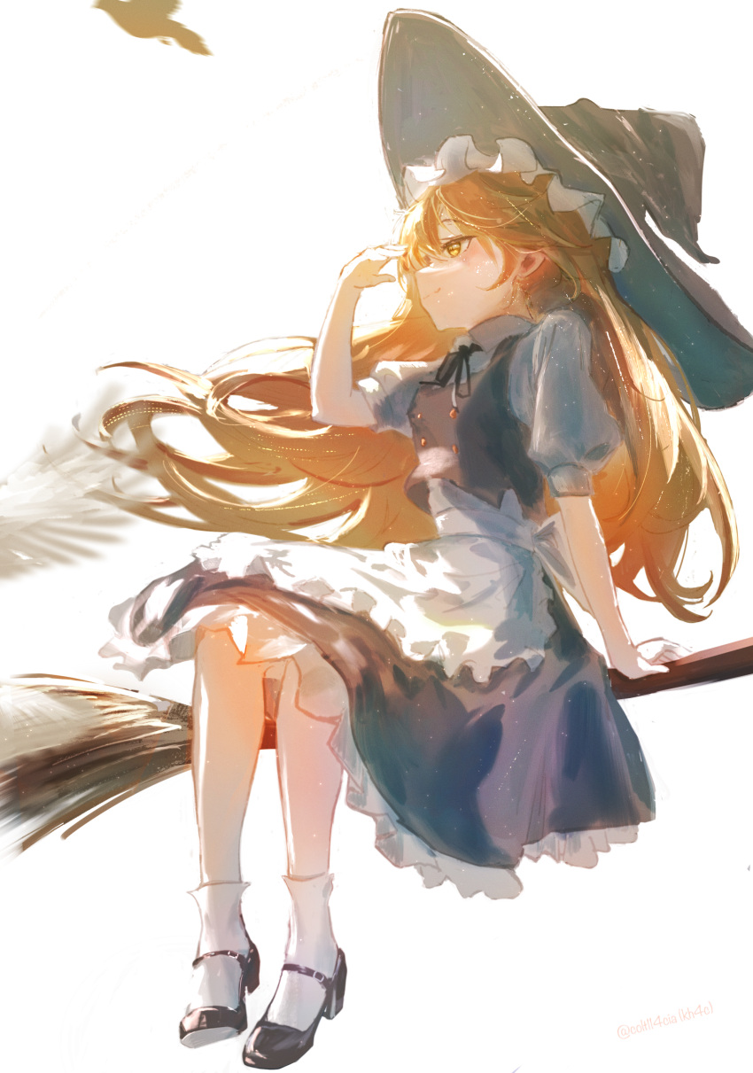 1girl absurdres apron black_footwear black_hat black_ribbon black_vest blonde_hair broom broom_riding closed_mouth floating_hair grey_shirt grey_skirt hat highres kh4c kirisame_marisa long_hair medium_skirt neck_ribbon profile ribbon shirt short_sleeves skirt smile socks solo touhou very_long_hair vest waist_apron white_apron white_background white_socks witch_hat yellow_eyes