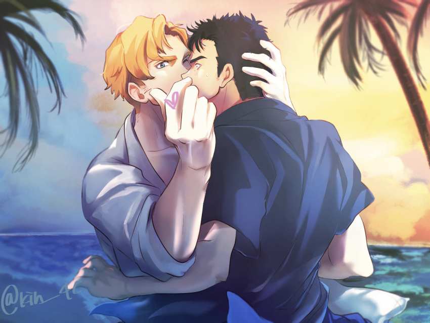 2boys ao_isami beach black_hair blonde_hair couple facial_hair finger_heart heart highres kin_4c kiss lewis_smith looking_at_viewer male_focus multiple_boys official_alternate_costume one_eye_closed outdoors sideburns_stubble stubble surprise_kiss surprised thick_eyebrows yaoi yuuki_bakuhatsu_bang_bravern