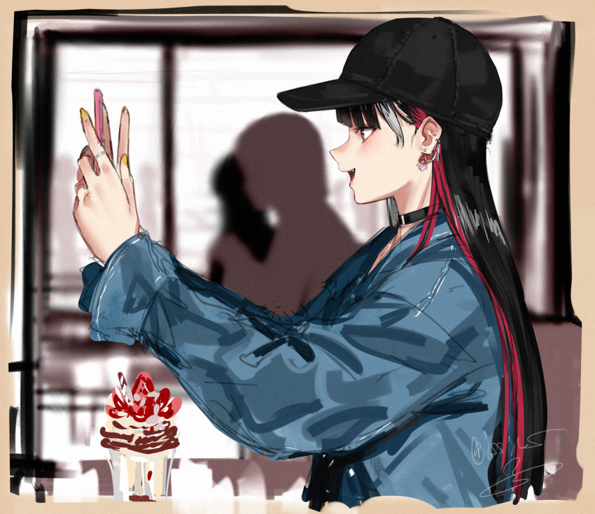 1girl alternate_costume baseball_cap black_choker black_hair black_hat blue_jacket blunt_bangs blurry blurry_background border brown_border cafe choker denim denim_jacket fang from_side grey_hair hands_up harusaruhi hat highres holding holding_phone indoors isshiki_(ffmania7) jacket kamitsubaki_studio long_hair long_sleeves looking_ahead multicolored_hair open_mouth parfait people phone profile red_hair signature silhouette smile solo_focus streaked_hair taking_picture upper_body yellow_eyes yellow_nails