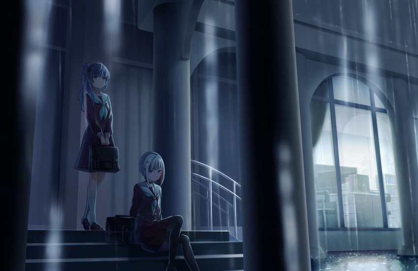 2girls ankle_socks aqua_neckerchief bag black_bag black_choker black_pantyhose blurry blurry_foreground brown_dress brown_footwear choker closed_mouth colored_inner_hair dark dress flower foot_up frown game_cg green_eyes grey_hair hair_bun hair_flower hair_ornament hasu_no_sora_school_uniform highres holding holding_bag in-universe_location link!_like!_love_live! loafers long_hair long_sleeves looking_ahead looking_down love_live! medium_dress multicolored_hair multiple_girls neckerchief o-ring o-ring_choker official_art otomune_kozue outdoors pantyhose pillar pleated_dress purple_hair rain red_eyes red_flower red_hair sailor_collar sailor_dress school_bag school_uniform shoes short_hair side_ponytail sidelocks single_side_bun sitting sitting_on_stairs socks stairs standing streaked_hair third-party_source two-handed v_arms virtual_youtuber white_sailor_collar white_socks wide_shot window winter_uniform yugiri_tsuzuri