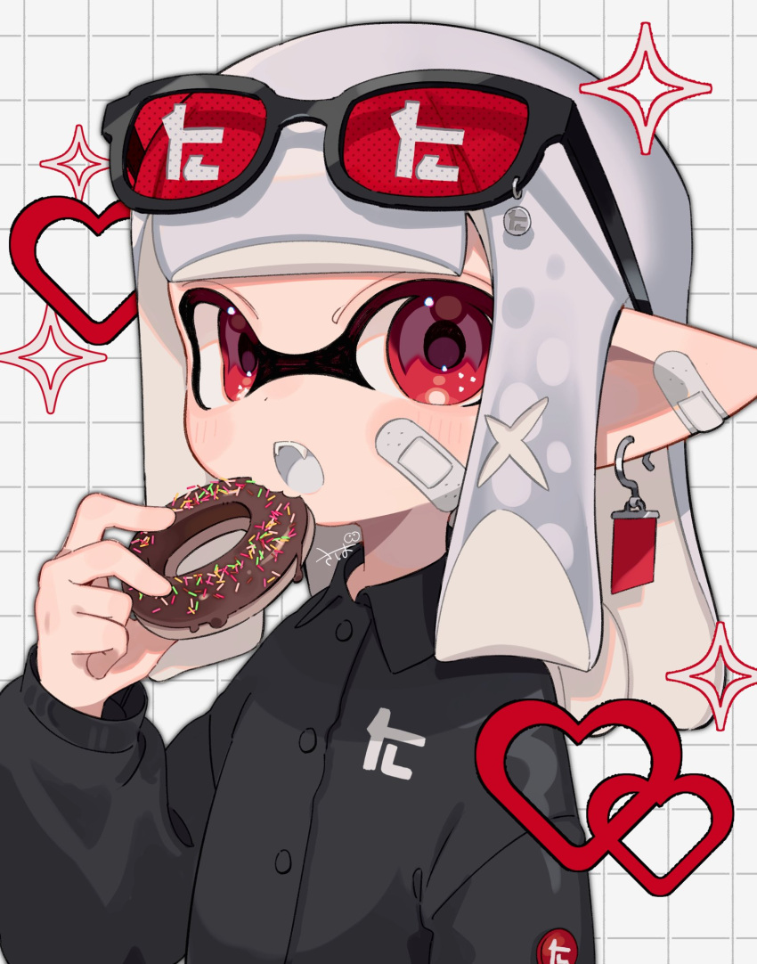 bandaid black_shirt doughnut earrings eating food heart highres inkling inkling_girl inkling_player_character jewelry looking_at_viewer pointy_ears red_eyes sahata_saba shirt simple_background splatoon_(series) sunglasses tentacle_hair toni_kensa_(splatoon) white_background white_hair