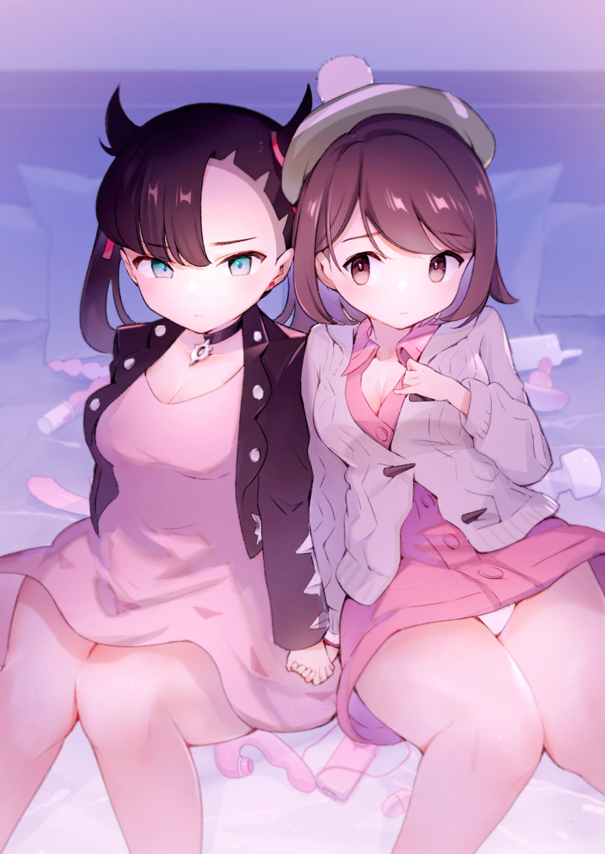 2girls black_hair black_jacket blue_eyes breasts brown_eyes brown_hair cardigan choker cleavage dress gloria_(pokemon) hat highres holding_hands jacket long_hair looking_at_viewer marnie_(pokemon) miya9 multiple_girls on_bed open_clothes open_jacket panties pantyshot pillow pink_dress pokemon pokemon_swsh sex_toy short_hair sitting small_breasts twintails underwear white_panties