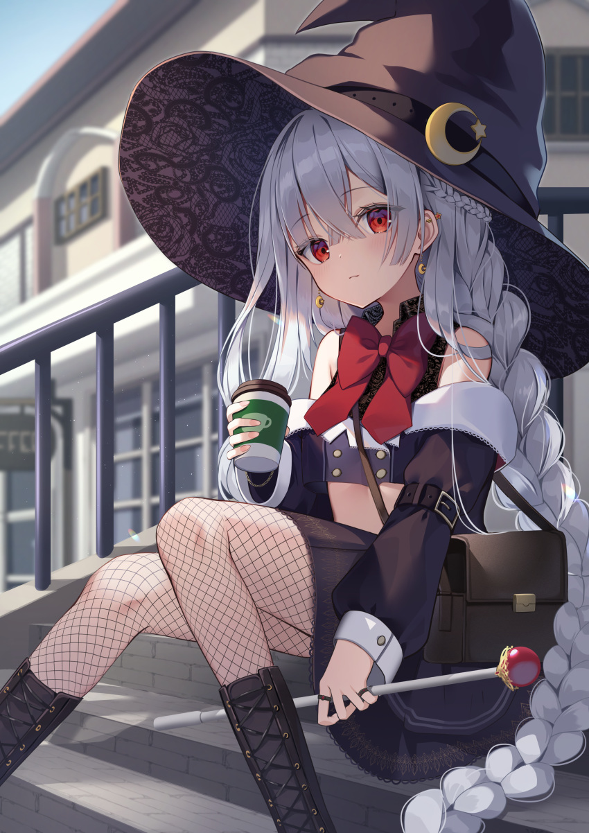 1girl absurdres arm_belt bag black_skirt blue_jacket breasts buttons crescent crescent_earrings crescent_hat_ornament cup detached_sleeves earrings fishnet_thighhighs fishnets fuyoyo grey_hair hat hat_ornament highres holding holding_cup holding_staff jacket jewelry long_hair looking_at_viewer original outdoors red_eyes red_ribbon ribbon shoulder_bag sitting sitting_on_stairs skirt small_breasts solo staff stairs thighhighs white_hair witch witch_hat