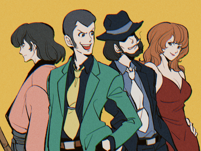 1girl 3boys abunaideka arsene_lupin_iii beard black_jacket black_shirt blue_shirt chromatic_aberration cigarette collared_shirt commentary_request covered_eyes dress facial_hair green_jacket hand_in_pocket hat highres ishikawa_goemon_xiii jacket japanese_clothes jigen_daisuke kimono long_hair looking_at_viewer lupin_iii mine_fujiko multiple_boys necktie orange_hair pink_kimono profile red_dress shirt short_hair sideburns sleeveless sleeveless_dress smile smoke upper_body yellow_background yellow_necktie