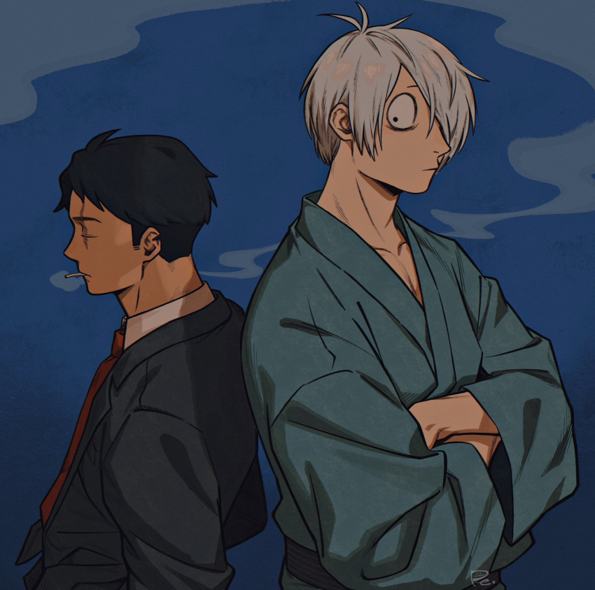 2boys ahoge back-to-back character_request from_side height_difference highres japanese_clothes kimono looking_at_another looking_back male_focus multiple_boys profile sanpaku scar scar_across_eye smoking suit tareme thick_eyebrows tonta_(tonta1231) upper_body white_hair