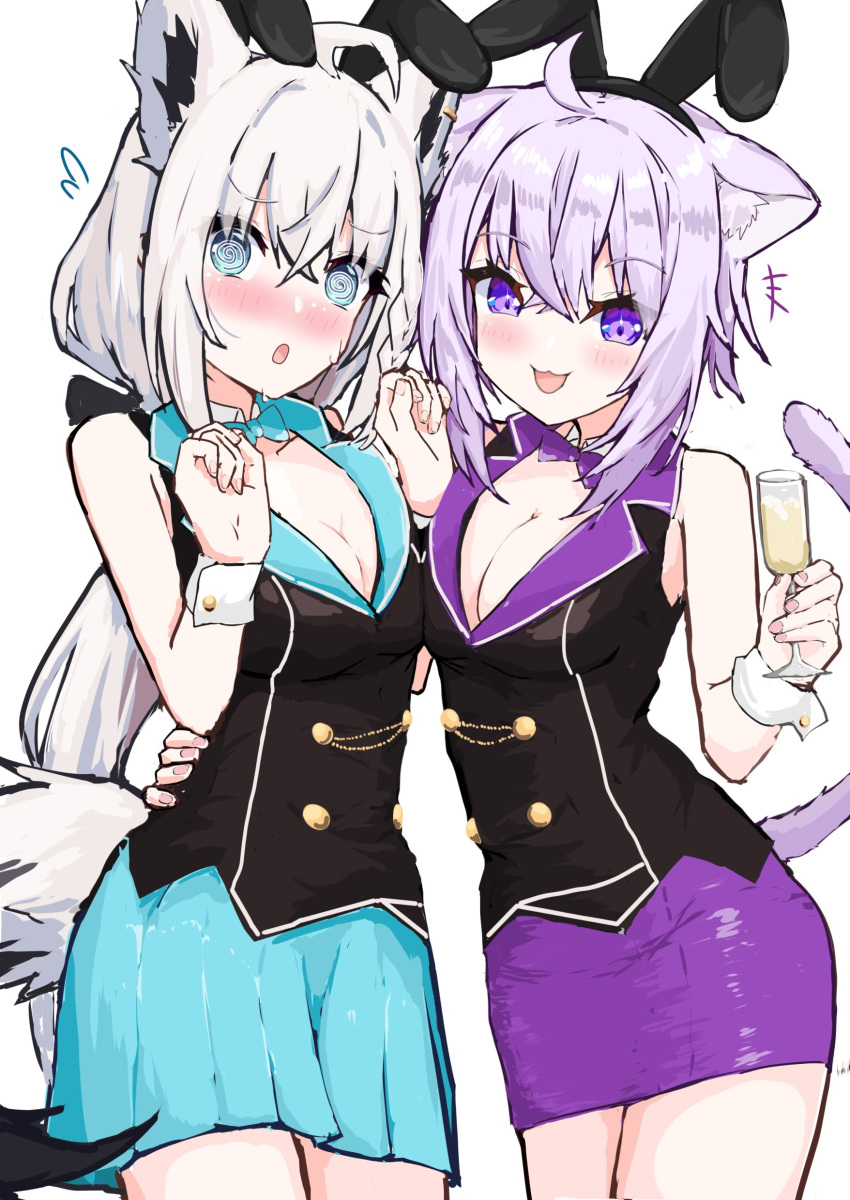 2girls @_@ absurdres ahoge animal_ear_fluff animal_ears bare_arms blue_skirt blush braid breasts bunny_garden cat_ears cat_tail cleavage commentary_request cup drinking_glass earrings fake_animal_ears fox_ears fox_girl fox_tail green_eyes hair_between_eyes hand_on_another's_hip highres holding holding_cup hololive jewelry long_hair looking_at_viewer medium_breasts multiple_girls nanamiya_natsumi nekomata_okayu open_mouth purple_skirt rabbit_ears shirakami_fubuki sidelocks simple_background single_braid skirt smile tail virtual_youtuber white_background white_hair wine_glass wrist_cuffs