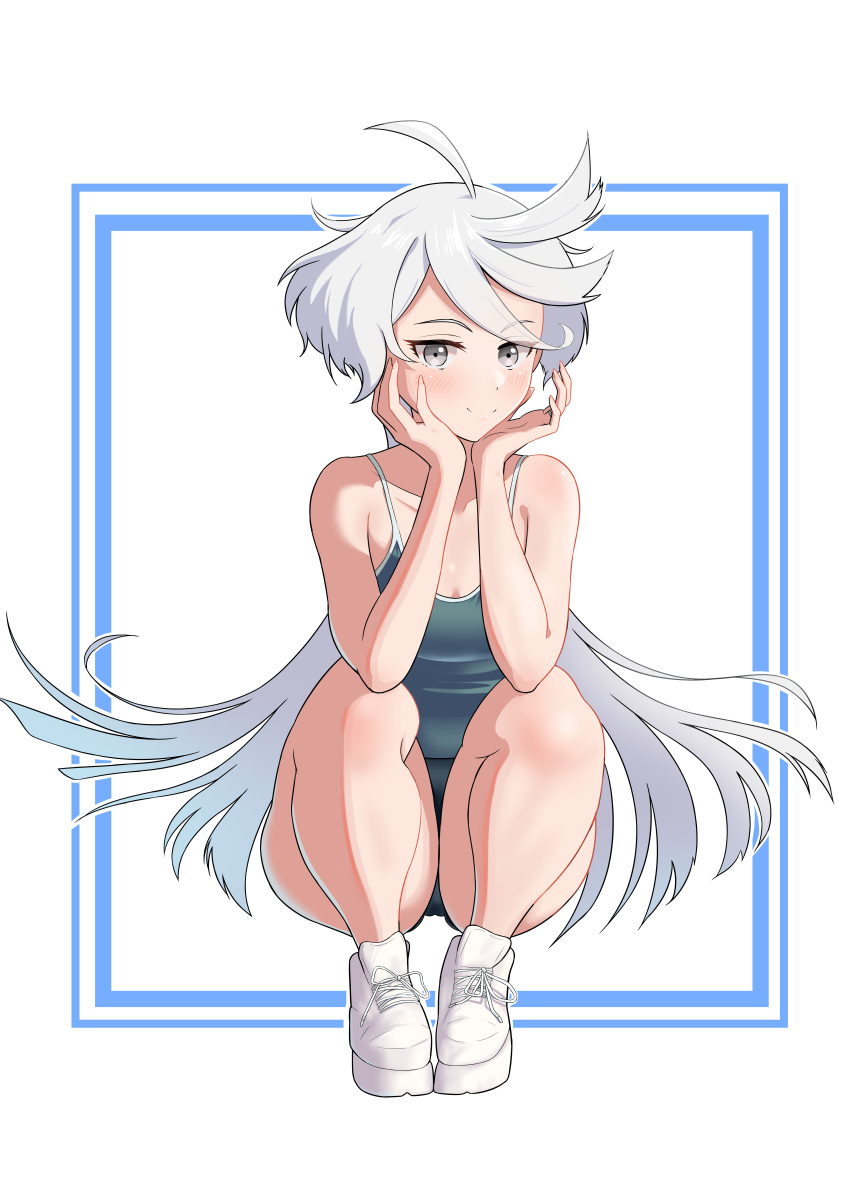 1girl absurdres ahoge blush breasts cleavage closed_mouth grey_eyes gundam gundam_suisei_no_majo highres long_hair looking_at_viewer miorine_rembran shourai simple_background small_breasts smile solo squatting thighs white_background white_hair