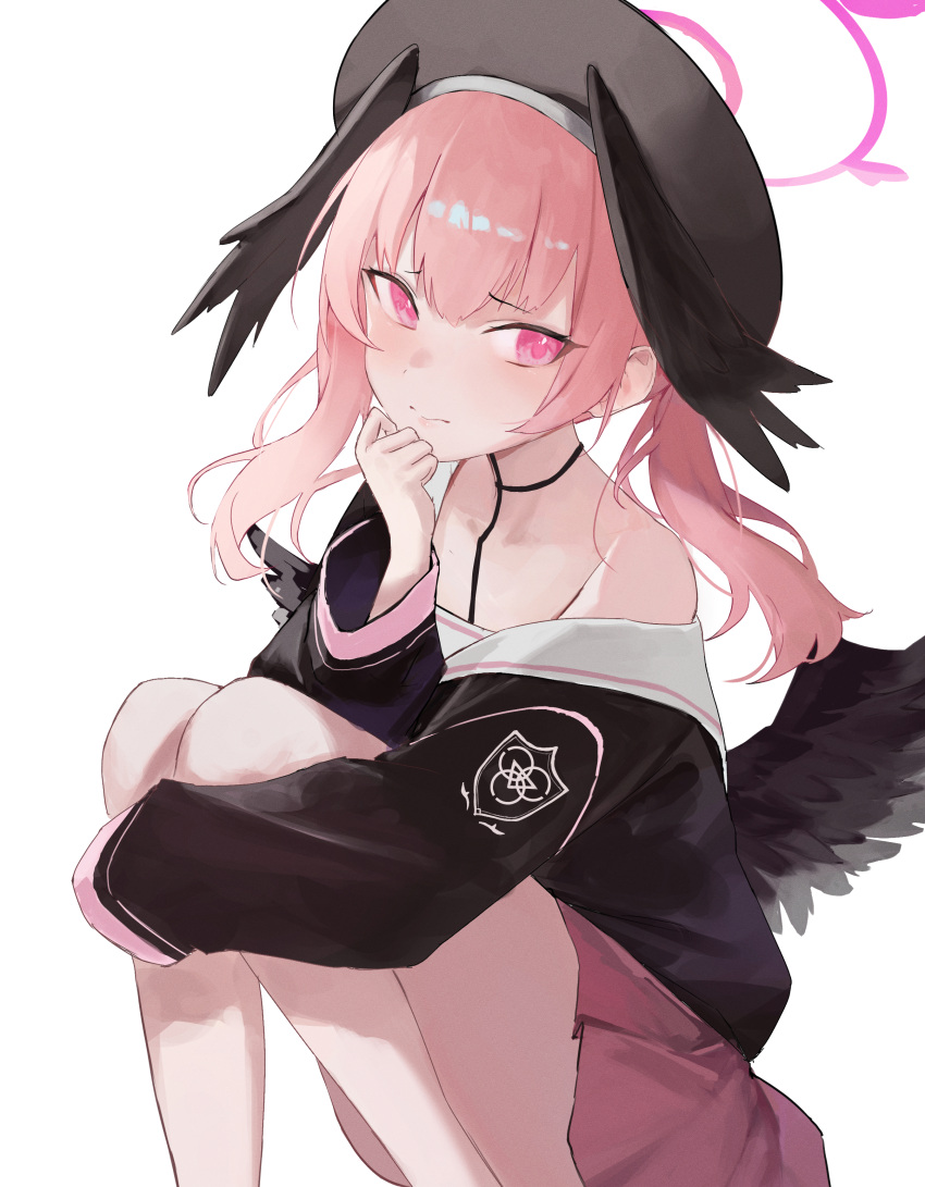 1girl absurdres beret black_beret black_shirt black_wings blue_archive closed_mouth commentary feathered_wings halo hand_up hat head_wings highres knees_up koharu_(blue_archive) lizard0221 long_hair long_sleeves looking_at_viewer low_twintails pink_eyes pink_hair pink_halo pink_skirt school_uniform serafuku shirt simple_background single_bare_shoulder sitting skirt sleeves_past_fingers sleeves_past_wrists solo tattoo twintails white_background wings