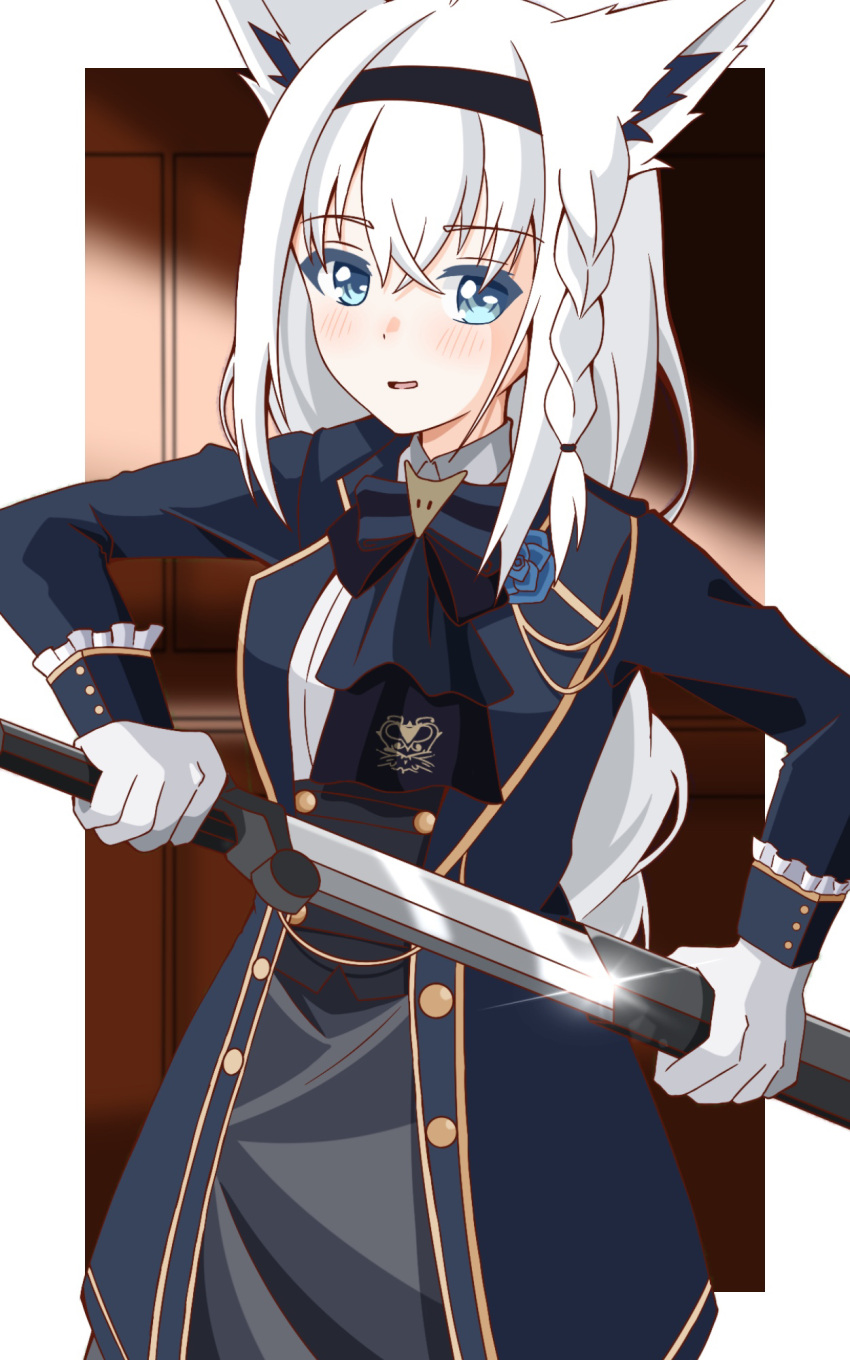 1girl animal_ear_fluff animal_ears ascot black_hairband blue_ascot blue_jacket blush braid braided_ponytail commentary_request fox_ears fox_girl gloves green_eyes grey_skirt hair_between_eyes hairband highres holding holding_sheath holding_sword holding_weapon hololive jacket long_hair looking_at_viewer open_clothes open_jacket open_mouth sheath shirakami_fubuki shirakami_fubuki_(aristocrat_kei) shirt sidelocks single_braid skirt solo sword unsheathing virtual_youtuber weapon white_gloves white_hair white_shirt yoiyami_illust