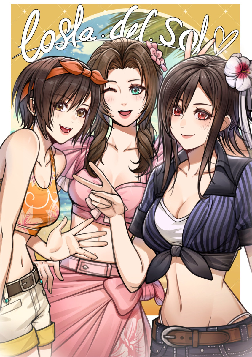 aerith_gainsborough aerith_gainsborough_(floral_delight) black_hair breasts brown_eyes brown_hair cleavage crop_top final_fantasy final_fantasy_vii final_fantasy_vii_rebirth final_fantasy_vii_remake front-tie_top green_eyes highres looking_at_viewer lukrevadraws official_alternate_costume official_alternate_hairstyle short_hair short_shorts shorts smile thong tifa_lockhart tifa_lockhart_(majestic_glamour) yuffie_kisaragi yuffie_kisaragi_(summer_orange)