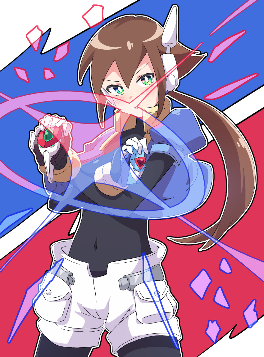 1girl absurdres biometal black_bodysuit blue_jacket bodysuit bodysuit_under_clothes brown_hair buzzlyears covered_navel cowboy_shot cropped_jacket crossed_arms glint green_eyes henshin_pose highres holding jacket light_blush long_hair mega_man_(series) mega_man_zx mega_man_zx_advent model_x_(mega_man) model_z_(mega_man) open_clothes open_jacket robot_ears shorts solo white_shorts