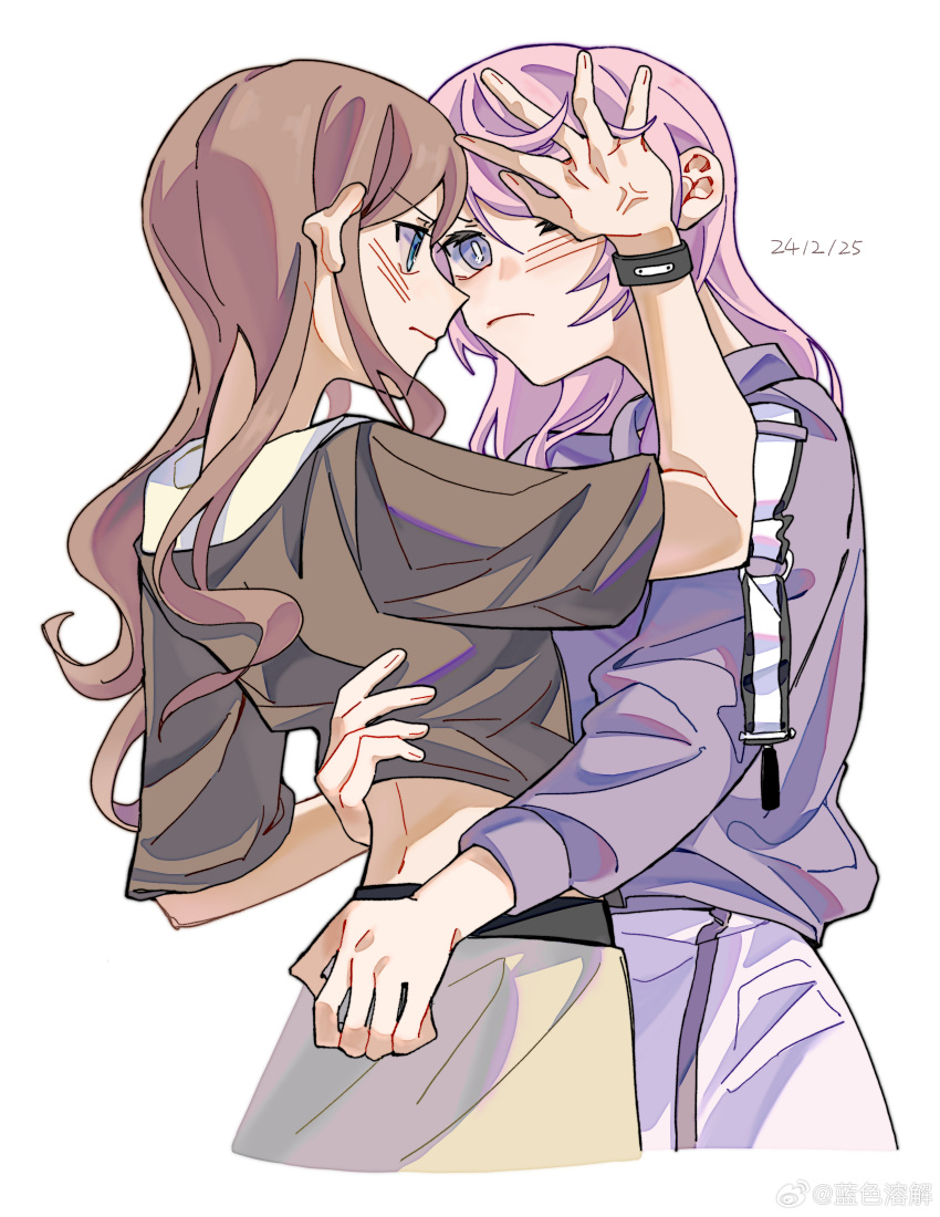 2girls absurdres anger_vein bang_dream! bang_dream!_it's_mygo!!!!! blue_eyes blush bracelet brown_hair brown_shirt chihaya_anon chinese_commentary closed_mouth commentary_request commission cropped_torso dated eye_contact grey_hoodie highres hood hood_down hoodie hug jewelry lanserongjie lifting_another's_clothes long_hair long_sleeves looking_at_another multiple_girls nagasaki_soyo one_eye_closed pink_hair shirt short_sleeves sidelocks simple_background upper_body white_background yuri