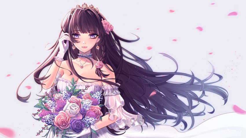 1girl 713meng baby's-breath black_hair blunt_bangs bouquet braid breasts choker cleavage closed_mouth detached_sleeves dress earrings falling_petals flower flower_earrings flower_necklace frilled_choker frilled_dress frills glint gloves hair_flower hair_ornament heroine_(lovebrush_chronicles) highres holding holding_bouquet jewelry leaf light_particles lips long_hair lovebrush_chronicles medium_breasts official_alternate_costume petals pink_flower pink_lips pink_rose purple_eyes purple_flower purple_rose rose see-through see-through_sleeves side_braid sleeves_past_elbows smile solo strapless strapless_dress tiara tucking_hair upper_body white_background white_choker white_dress white_flower white_gloves white_rose wind