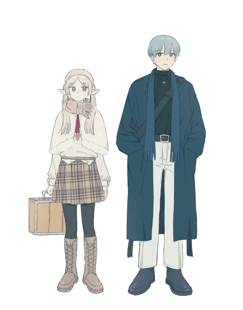 1boy 1girl absurdres blue_coat blue_eyes blue_hair blue_scarf boots brown_footwear brown_skirt closed_mouth coat commentary_request contemporary dabln_hl elf frieren full_body highres himmel_(sousou_no_frieren) long_hair looking_at_viewer pants pantyhose pointy_ears scarf simple_background skirt smile sousou_no_frieren sweater twintails white_background white_hair white_pants white_sweater
