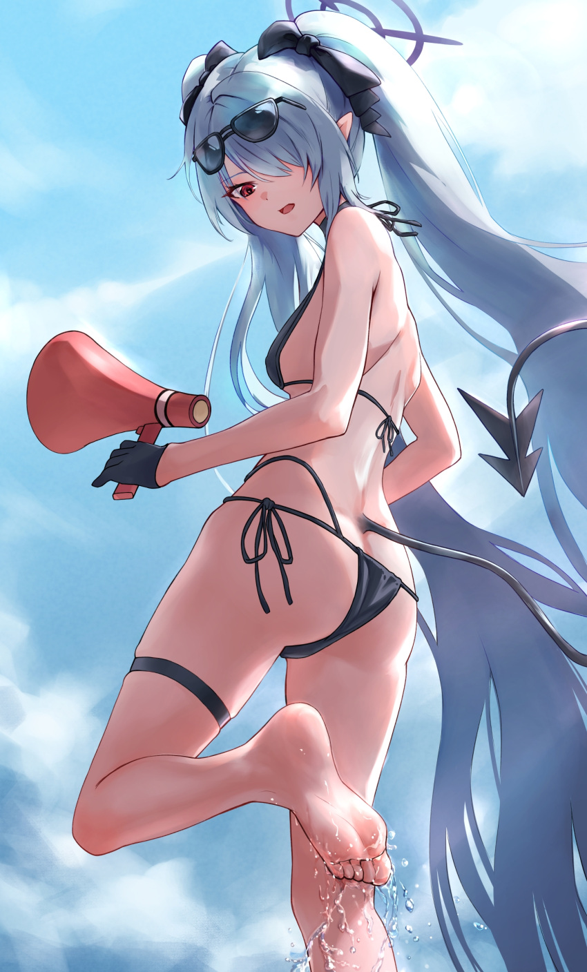 1girl absurdres ass bare_shoulders barefoot bikini black_bikini black_choker black_tail blue_archive choker dark-skinned_female dark_skin demon_tail eyewear_on_head grey_hair hair_over_one_eye halo highres holding holding_megaphone iori_(blue_archive) iori_(swimsuit)_(blue_archive) long_hair looking_at_viewer megaphone multi-strapped_bikini_bottom noomaru_(nomorepeople) official_alternate_costume pointy_ears purple_halo side-tie_bikini_bottom standing standing_on_one_leg string_bikini sunglasses swimsuit tail thigh_strap twintails