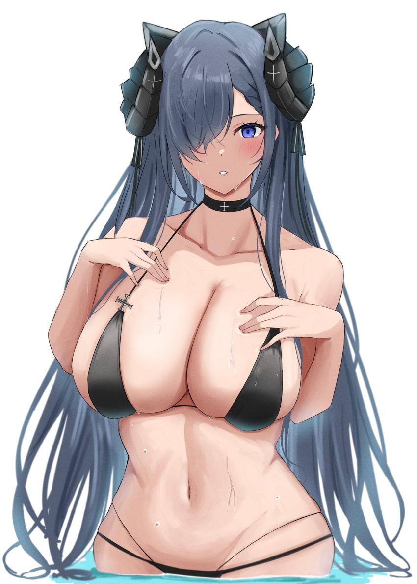 1girl alternate_costume august_von_parseval_(azur_lane) azur_lane bikini black_bikini black_choker blue_eyes choker collarbone cross grey_hair highres horns long_hair navel simple_background solo soul_(dp11) swimsuit water white_background