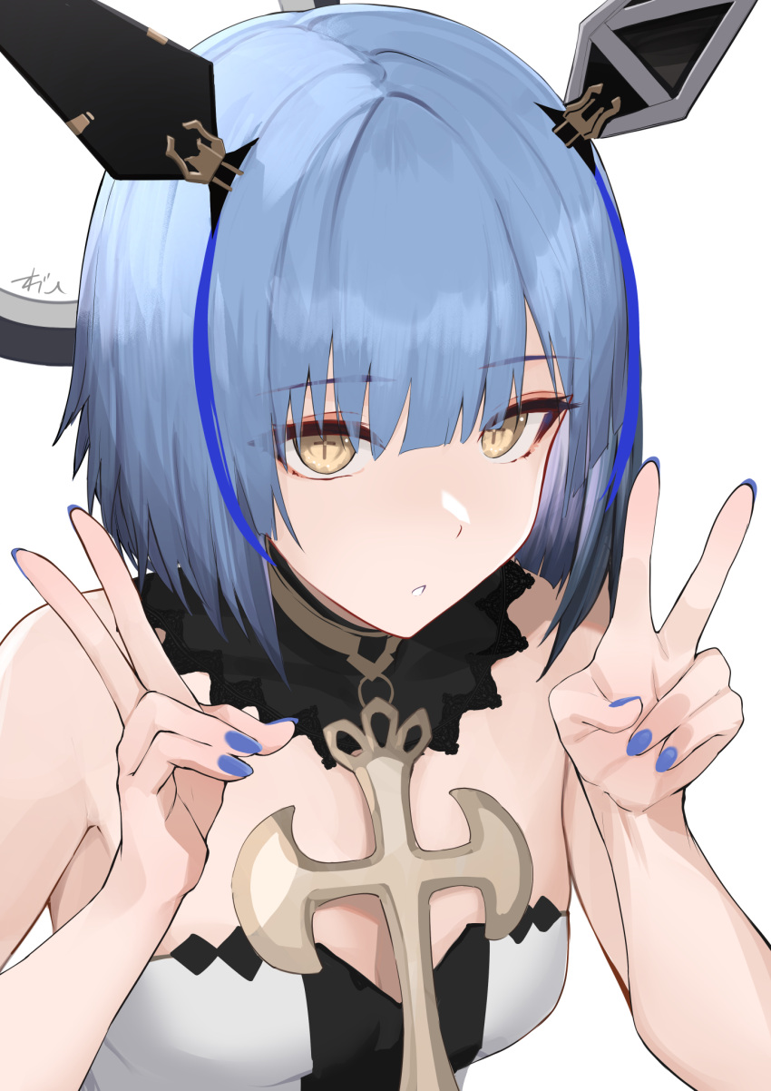 1girl azur_lane bare_shoulders blue_hair blue_nails breasts choker cleavage commentary_request cross cross-shaped_pupils cross_necklace double_v dress expressionless floating_headgear gascogne_(azur_lane) hair_ornament hands_up headgear highres jewelry looking_at_viewer mechanical_ears multicolored_hair necklace oregano_(olgn_eao) parted_lips partial_commentary portrait short_hair signature simple_background solo strapless strapless_dress streaked_hair symbol-shaped_pupils v white_background white_dress yellow_eyes