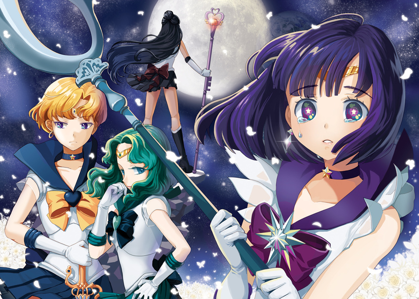 bishoujo_senshi_sailor_moon black_hair blonde_hair blue_choker blue_eyes blue_sailor_collar blue_skirt boots bow brooch brown_bow choker crying crying_with_eyes_open elbow_gloves full_moon garnet_rod gloves green_eyes green_hair hair_bun half_updo holding holding_spear holding_staff holding_weapon jewelry kaiou_michiru knee_boots long_hair magical_girl meiou_setsuna moon multiple_girls outer_senshi petals polearm purple_bow purple_eyes purple_hair purple_sailor_collar ribbon sailor_collar sailor_neptune sailor_pluto sailor_saturn sailor_senshi sailor_senshi_uniform sailor_uranus shimjy short_hair silence_glaive skirt space_sword spear staff star star-shaped_pupils star_choker sword symbol-shaped_pupils tears ten'ou_haruka tiara tomoe_hotaru very_short_hair weapon white_gloves yellow_bow