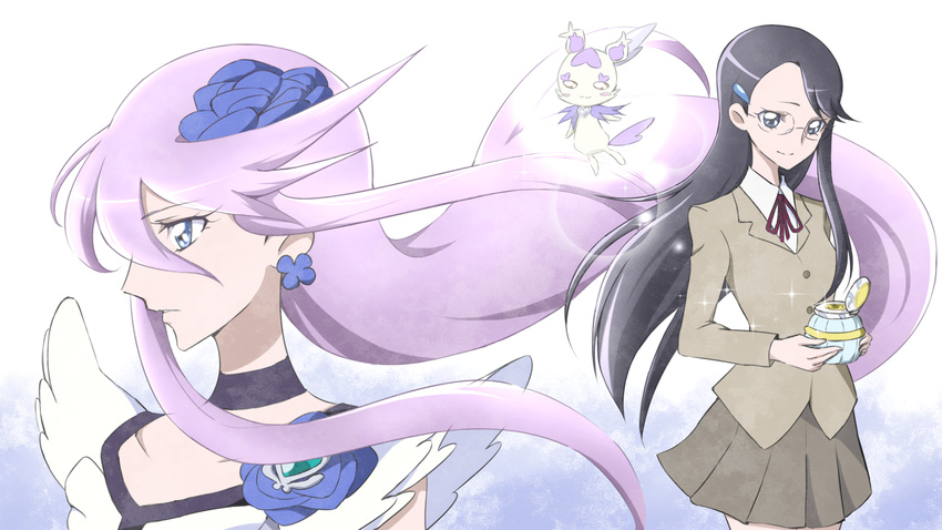 blazer blue_flower blue_rose choker cologne_(heartcatch_precure!) cure_moonlight dress dual_persona earrings eyelashes flower glasses gradient gradient_background hair_flower hair_ornament hairclip happy heartcatch_precure! highres jacket jewelry looking_at_viewer looking_away magical_girl multiple_girls myoudou_gakuen_high_school_uniform precure purple_eyes purple_hair rose school_uniform serafuku serious skirt smile tsukikage_oyama tsukikage_yuri