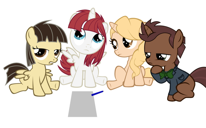 beavernator blonde_hair blue_eyes bottomless bow_tie brown_eyes brown_fur brown_hair clothing equine female friendship_is_magic fur group hair hi_res horn horse john_de_lancie john_de_lancie_(character) lauren_faust_(character) male mammal my_little_pony paper pencil ponification pony red_hair shirt sitting tara_strong white_fur wild_fire_(mlp) winged_unicorn wings young