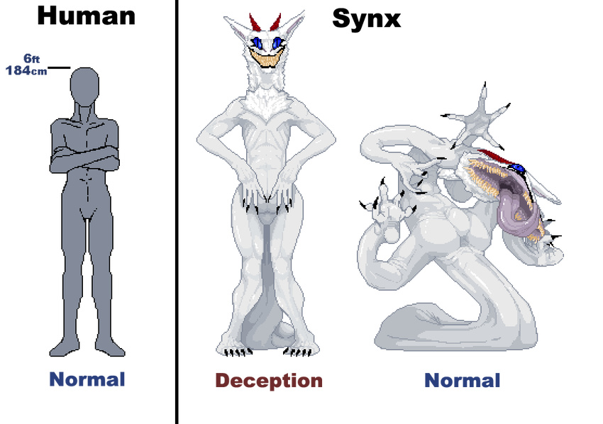 alien alpha_channel ambiguous_gender blue_eyes chimera_synx claws contortion flexible horn human long_tongue male mammal pixel_art sharp_teeth synx teeth tongue tongue_out wide_hips