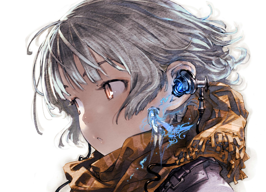 bangs blue_hair brown_eyes brown_scarf cable close-up earphones earpiece gorilla_(mushimushiland) grey_hair looking_to_the_side minigirl on_shoulder open_mouth original parted_lips portrait scarf short_hair silver_hair solo upper_body