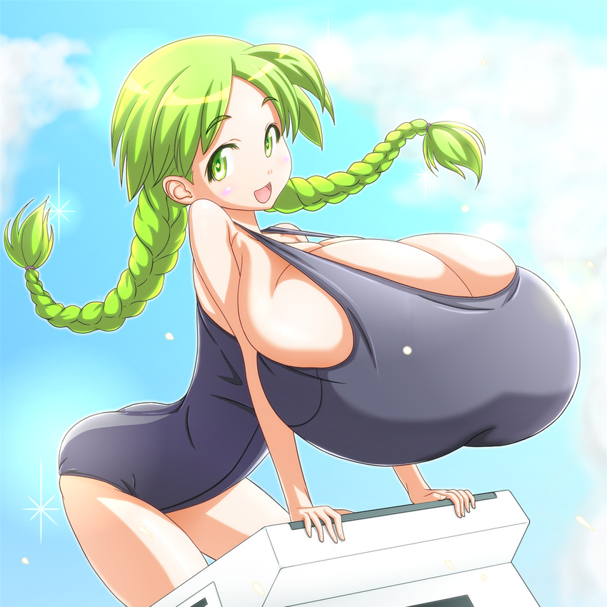 1girl braid breasts bursting_breasts female gigantic_breasts green_eyes green_hair highres ido_kibino kibino_ido long_hair open_mouth shiny shiny_skin smile swimsuit