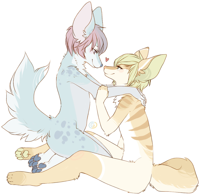 anthro blonde_hair canine cuddling duo gay girly glider_(artist) grab hair kneeling male mammal myoyo sitting spots spread_legs spreading stripes