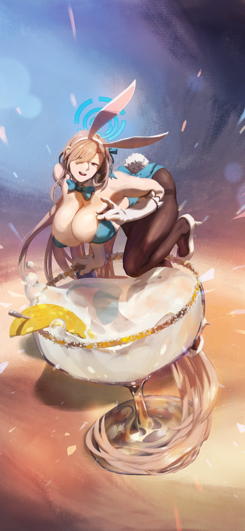 1girl absurdres animal_ears asuna_(blue_archive) asuna_(bunny)_(blue_archive) asymmetrical_bangs blonde_hair blue_archive blue_bow blue_bowtie blue_eyes blue_leotard bow bowtie breasts detached_collar drink fake_animal_ears full_body hair_over_one_eye halo highres huge_breasts leaning_forward leotard licking_lips mole mole_on_breast official_alternate_costume oversized_object pantyhose playboy_bunny rabbit_ears solo strapless strapless_leotard teeth thighband_pantyhose tongue tongue_out traditional_bowtie upper_teeth_only ye_fan