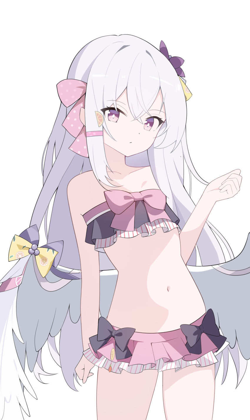 1girl :/ absurdres asymmetrical_sidelocks azusa_(blue_archive) azusa_(swimsuit)_(blue_archive) bare_arms bare_shoulders bikini bikini_skirt black_bow blue_archive bow bow_bikini bow_skirt bright_pupils closed_mouth collarbone cowboy_shot crossed_bangs expressionless feathered_wings flat_chest frilled_bikini frilled_skirt frills hair_between_eyes hair_ornament hair_ribbon hand_up highres long_hair looking_at_viewer low_wings navel pale_skin pink_bow pink_ribbon pink_skirt polka_dot polka_dot_ribbon purple_eyes ribbon simple_background skirt solo standing straight_hair strapless strapless_bikini swimsuit twilight_(cgkk4357) very_long_hair white_background white_hair white_pupils white_wings wing_ornament wings