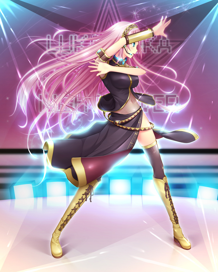 blue_eyes boots headset highres knee_boots long_hair long_skirt megurine_luka mine_(1-1-1) navel pink_hair skirt spotlight thighhighs vocaloid