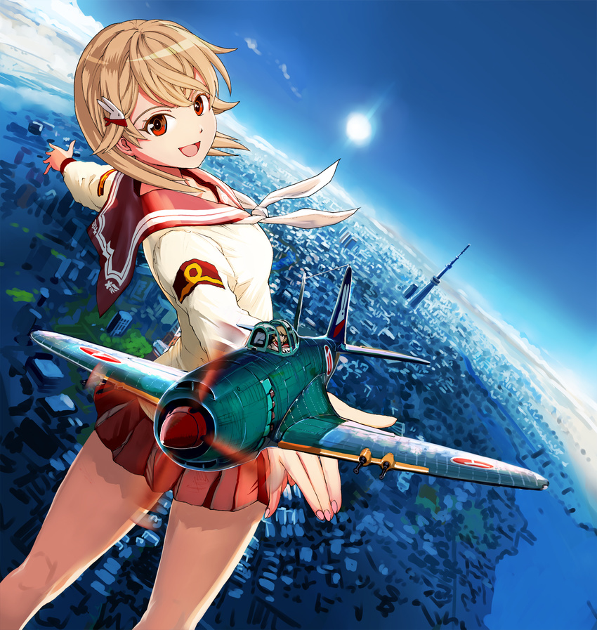 :d aircraft airplane back blue_sky brown_hair bunny_hair_ornament city cityscape cloud cover cover_page from_above hagoromo_maki hair_ornament hairpin highres horizon kneepits looking_back n1k nogami_takeshi open_mouth original outstretched_arms pleated_skirt reaching red_eyes scenery school_uniform shidenkai_no_maki short_hair skirt sky smile solo spread_arms sun sunlight tokyo_(city) tokyo_sky_tree tower