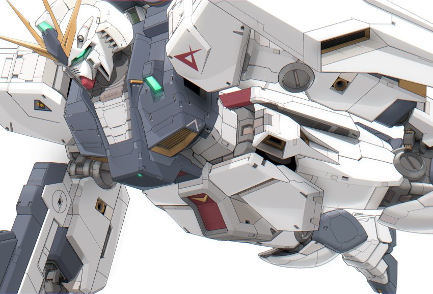 absurdres arm_shield aron_e beam_rifle char's_counterattack commentary_request earth_federation_space_forces energy_gun green_eyes gun gundam highres holding holding_gun holding_weapon insignia mecha mecha_focus mobile_suit no_humans nu_gundam robot science_fiction shield simple_background solo v-fin weapon white_background