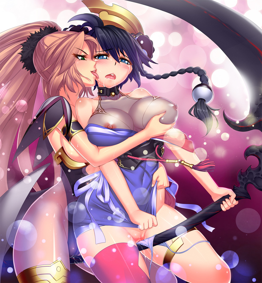 anesha ar_tonelico ar_tonelico_i black_hair blush braid breast_grab breasts brown_hair cameltoe cross_edge crossover crotch_rub grabbing green_eyes hair_ornament highleg highleg_leotard highres large_breasts leotard licking long_hair lucknight misha_arsellec_lune multiple_girls nipples panties panty_pull ponytail pussy pussy_juice saliva scrunchie scythe side-tie_panties single_thighhigh tears thigh_strap thighhighs tongue underwear untied wet wet_clothes wet_panties yuri