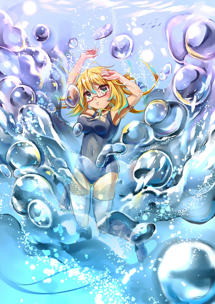 blonde_hair breasts bubble diving glasses green_eyes highres i-8_(kantai_collection) kantai_collection large_breasts low_twintails name_tag no_hat no_headwear one-piece_swimsuit red-framed_eyewear school_swimsuit solo swimsuit tayashitsu thighhighs twintails water white_legwear