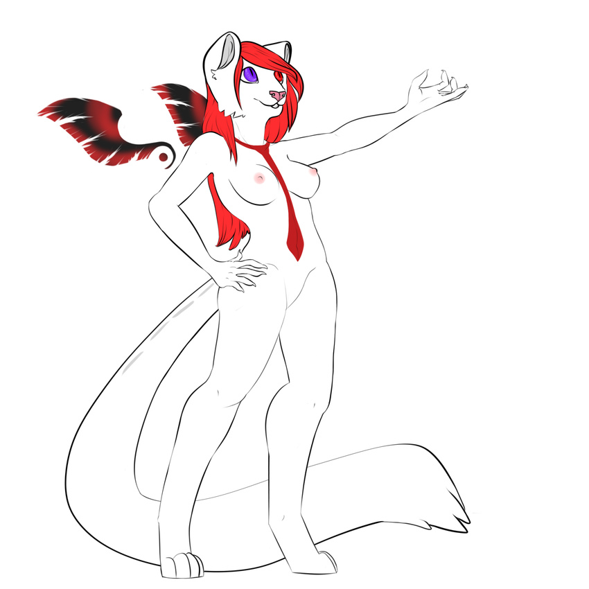 aaronyata alas_poor_yorick_i_knew_him areola breasts canine cubi_(race) feline female fox hair hand_on_hip hatarla heterochromia long_legs long_tail mammal markings nipples plain_background red_hair red_markings white_background wings