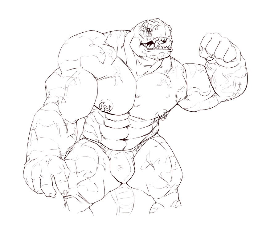 2014 abs anthro biceps big_muscles claws clothing dinosaur fangs looking_at_viewer male muscles nipples open_mouth pecs piercing pose reptile scales scalie solo standing taoren theropod tyrannosaurus_rex underwear vein