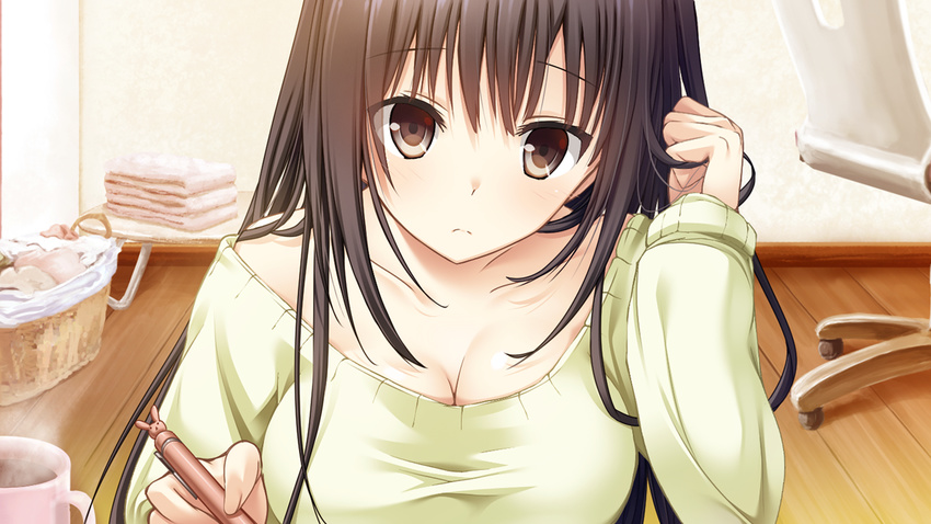 black_eyes black_hair blush breasts chair cleavage coffee cup game_cg hair_grab hitsuji_takako kiss_ato_kiss_will_change_my_relation_with_you large_breasts long_hair looking_at_viewer natsume_azusa pen sitting solo steam towel upper_body wooden_floor writing