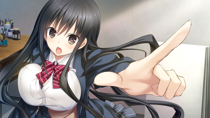 1girl angry black_eyes black_hair blush bouncing_breasts bow bowtie breasts game_cg highres hitsuji_takako kissart large_breasts long_hair looking_at_viewer mikoto_akemi natsume_azusa open_mouth pointing school_uniform skirt standing