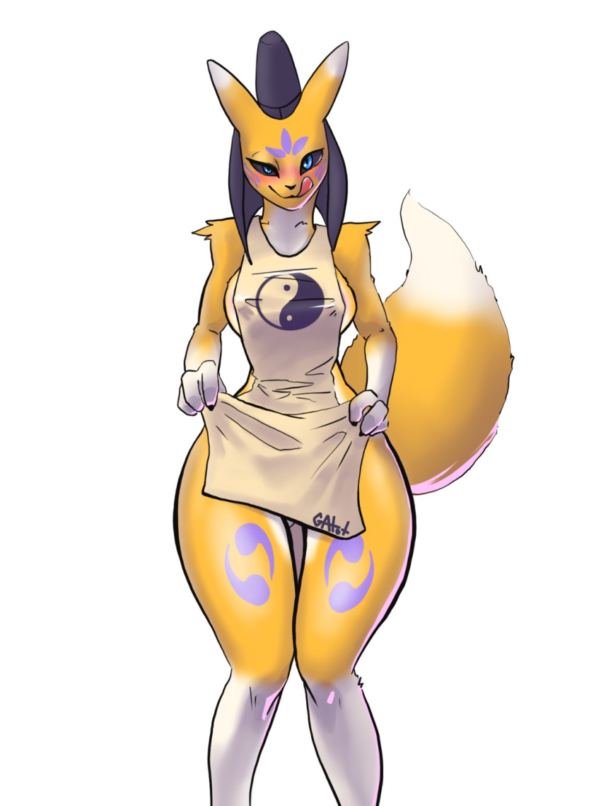 2023 4_fingers anthro apron apron_lift apron_only areola bandai_namco big_breasts black_claws black_clothing black_hat black_headwear black_nose black_sclera blue_eyes blush breasts claws clothed clothing clothing_lift digimon digimon_(species) dipstick_tail facial_markings female female_anthro finger_claws fingers fluffy fluffy_tail front_view fur gatox_(artist) hat head_markings headgear headwear hi_res hybrid knock-kneed leg_markings licking licking_lips licking_own_lips looking_at_viewer markings multicolored_body multicolored_ears multicolored_fur nipple_outline pink_areola purple_markings renamon simple_background snout solo standing tail tail_markings tan_apron tan_clothing taomon thick_thighs tongue two_tone_body two_tone_ears two_tone_fur two_tone_tail white_background white_body white_ears white_fur white_tail white_tail_tip yellow_body yellow_ears yellow_fur yellow_tail