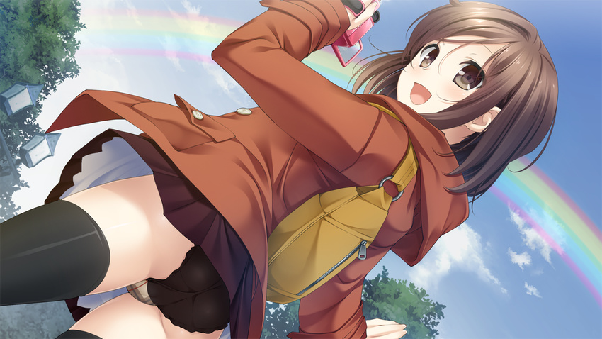 1girl ass black_legwear black_panties brown_eyes brown_hair camera cloud clouds game_cg happy highres jacket kissart legs looking_back mikoto_akemi open_mouth panties pantyshot rainbow school_uniform short_hair skirt sky smile solo standing takanashi_madoka takei_ooki thighs tree trees underwear upskirt wind